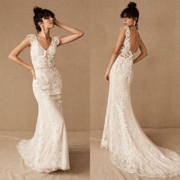 2020 BHLDN Zeemeermin Trouwjurken Diepe V-hals Sexy Backless Kant Geappliceerd Land Trouwjurk Custom Made Riem Strand Bruidsjurken Go2665