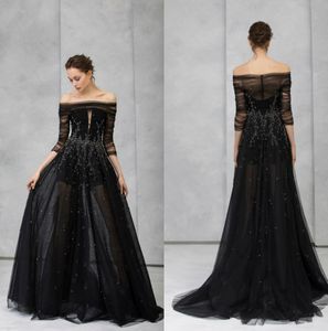 2020 zwarte avondjurken bateau lovertjes geappliceerd prom jurken illusie tule custom maakte formele feestjurken