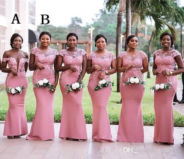 2020 Vestidos de dama de honor de sirena de talla grande para niñas negras Diferentes estilos Vestido de invitados de boda de manga corta de encaje del mismo color Vestidos africanos