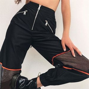 2020 Black Mesh Patchwork Zipper Jogger Pants vrouwen losse casual hoge taille broek vrouwen streetwear pantalon hiphop broek T200606