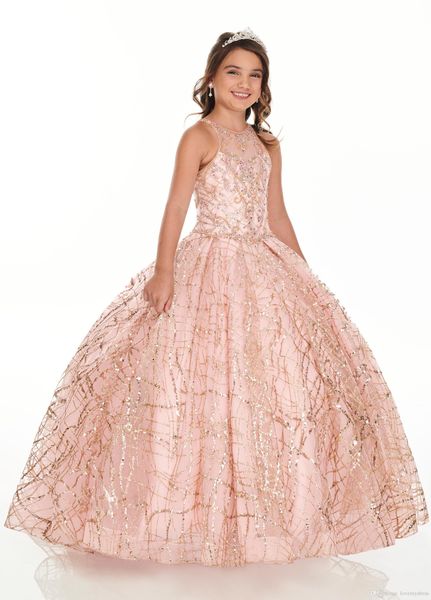 2020 Bling Rose Gold Mini Quinceanera Vestidos del desfile para niñas Glitter Tulle Jewel Rhinestones Vestido de fiesta con cuentas Flores para niños pequeños