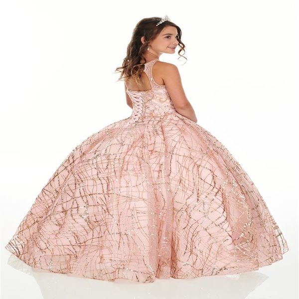 2020 Bling Rose Gold Mini vestidos de quinceañera para niñas pequeñas Glitter Tulle Jewel Rhinestones vestido de fiesta con cuentas para niños pequeños 334C