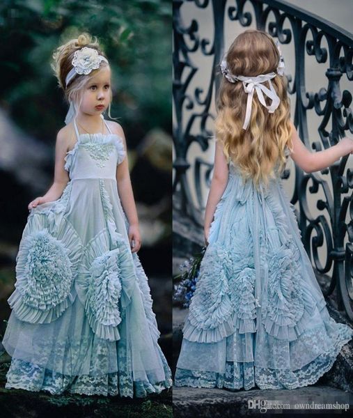 2020 Bleu Tulle Bohème Robes De Fille De Fleur Pour La Plage De Mariage Halter Fleurs À La Main Princesse Petits Enfants Fête D'anniversaire Pageant2884573