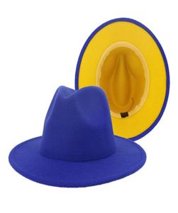 2020 Blue Yellow Patchwork Dames Classic Wide Brim Floppy Panama Hoed Belt Buckle Decor Wol Filt Jazz Fedora Hats For Festival5358251