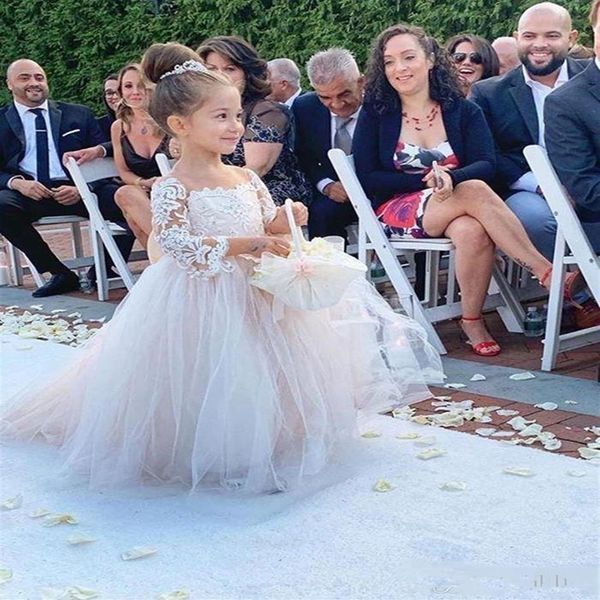 2020 Blush robes de demoiselle d'honneur pour les mariages robe de bal manches longues tulle dentelle arc longues robes de première communion petite fille2123