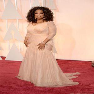 2020 blush roze Oprah Winfrey Oscar Celebrity Jurken plus size v-hals schede tule met lange mouwen Sweep Train Gedrapeerde avond D2646