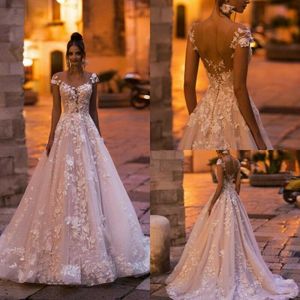 2020 Bohême robes de mariée col en V 3D fleur Appliques dentelle robes de mariée plage Boho grande taille robe de mariée robes de mari￩e