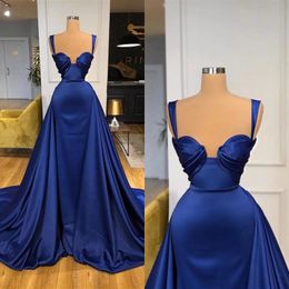 Una línea de azul real de moda elegante Sexy largo satinado vestidos de graduación 2022 correas espaguetis vestidos de noche C0404