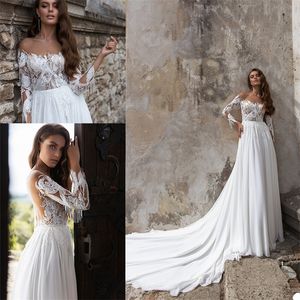 2020 Boho robes de mariée Bateau à manches longues robe de mariée dentelle appliquée perlée gland froncé en mousseline de soie balayage train sur mesure Robes de mariée