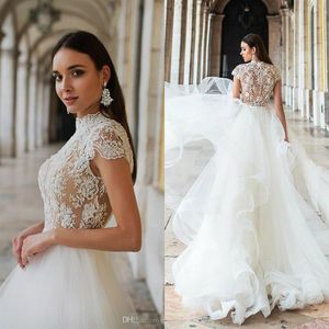 2020 Boho Robes De Mariée Col Haut Cap Manches Dentelle Tulle Robes De Mariée Avec Jupe À Volants Plage Princesse Robe De Mariée Custom296j