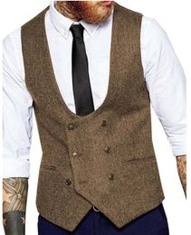 2020 Bruin Bruidegom Vesten Land Bruiloft Wol Visgraat Tweed Vest Slim Fit Heren Vest Voor Pak Jurk Vest boerderij Groomsme282e