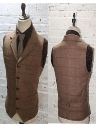 2020 Brown Plaid Groom Vesten voor bruiloftswol Herringband Tweed Custom Made Slim Fit Mens Suit Vest Farm Prom -jurk Waastcoat Plus7080285