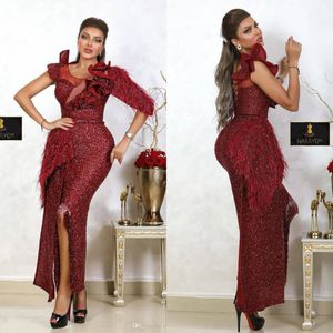 2020 Bordeaux Avondjurken Kant Veren Kralen Juweel Hals Enkellange Luxe Zeemeermin Prom Dresses Side Split Formele Partij Gowns321N