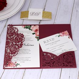 2020 Burgundy Rose Laser Cut Pocket Wedding Invitation with RSVP Card with Glitter Belt and Tag Quinceanera Invitation Graduation Invites