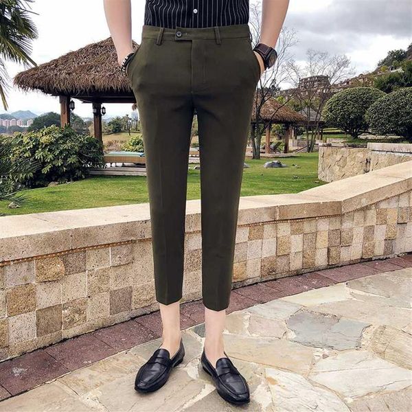 Pantalones de vestir informales de negocios 2020, pantalones de vestir ajustados de Color liso hasta el tobillo para hombre, pantalones formales de marca, pantalones de calle Homme232A