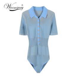 2020 Casual gebreide vrouwen zomer playsuit revers collar slank sexy bodysuit kantoor blauw t-shirt eenvoudige trui top vrouw C-379