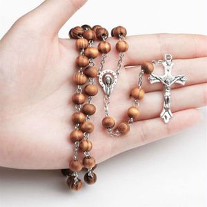 2020 Croix catholique Collier religieux perles en bois chapelet collier femmes homme long brin colliers prière Jésus bijoux cadeau 210j