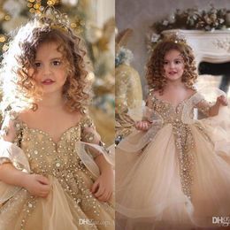 Nieuwe Champagne Baljurk Meisjes Pageant Jurken Kant Applicaties Lange Mouwen Pearls Princess Organza Puffy Kids Flower Girls Birthday jurken