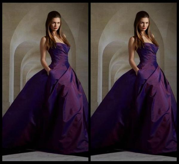 2020 Charmants robes de soirée violettes sans manches Elie Saab robes de bal Robe en taffetas ruched bal avec poche3836198