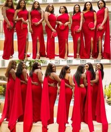 2020 pas cher arabe rouge sirène robes de demoiselle d'honneur une épaule fendue étage longueur longue robe de mariée invité formelle demoiselle d'honneur robes