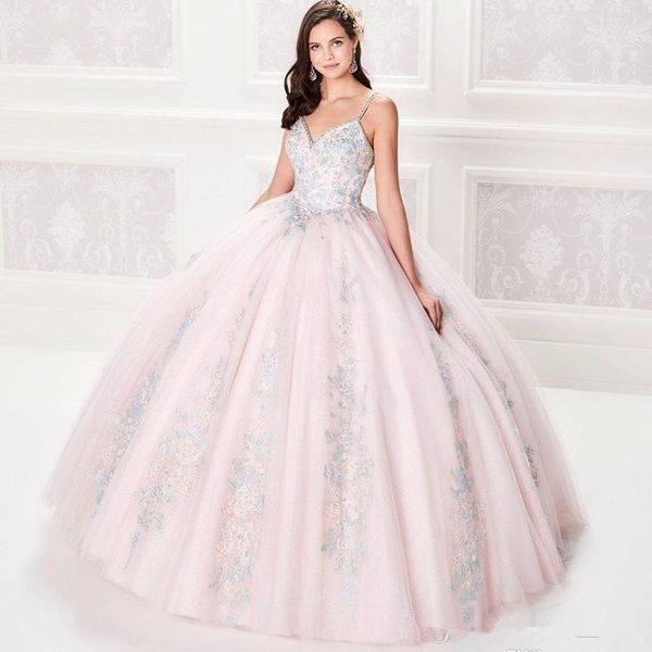 2020 robe de bal pas cher rose clair robes de Quinceanera corsage perlé argent dentelle robes de bal magnifiques robes de soirée princesse