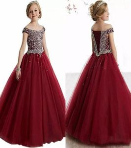 2020 Pas Cher Bourgogne Rouge Princesse Filles Pageant Robes Scoop Cou Perles De Cristal Corset Retour Enfants Fête D'anniversaire Robes Fleur Filles3977973