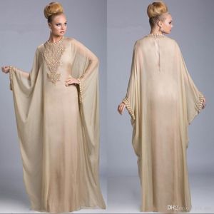 2020 pas cher Champagne Abaya Dubaï islamique caftan en mousseline de soie cristal arabe robes de soirée manches longues perlée robe de bal robes de soirée sur mesure