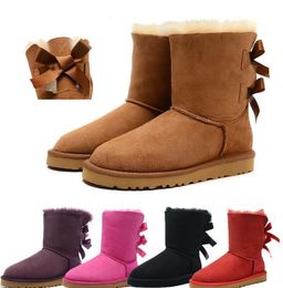 2020 Goedkope Designer Australië Vrouwen Klassieke Sneeuwlaarzen Enkel Korte Boog Bont Boot voor Winter Black Chestnut Fashion Dames Schoenen Maat 35-41