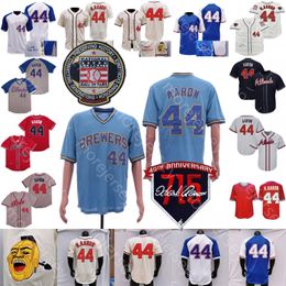 Hank Aaron Jersey Baseball 715th 40th Hall Of Fame Patch 1963 1974 Cream Rits Wit Grijs Pullover Navy Red Fans Vintage Maat S-3XL
