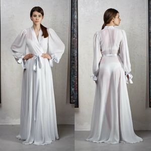 2020 Chiffon Bruiloft Badjassen V-hals Lange Mouw Lint Sweep Train Housewear Nachtjurk voor Dames Bruidsmeisje Badjas Pyjama's