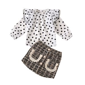 2020 Kindercoltes Herfst Model Meisje Lantern Mouw Polka Dot Shirt Plaid Rok Set Gevlekte Top + Lady Rok Twee Stuk Baby Set 0-10Y