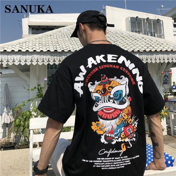 T-shirts hommes 2021 Style chinois Lion Print National Casual Tide T-shirt à manches courtes Hommes et femmes Tendance Harajuku Couple Robe d'été1