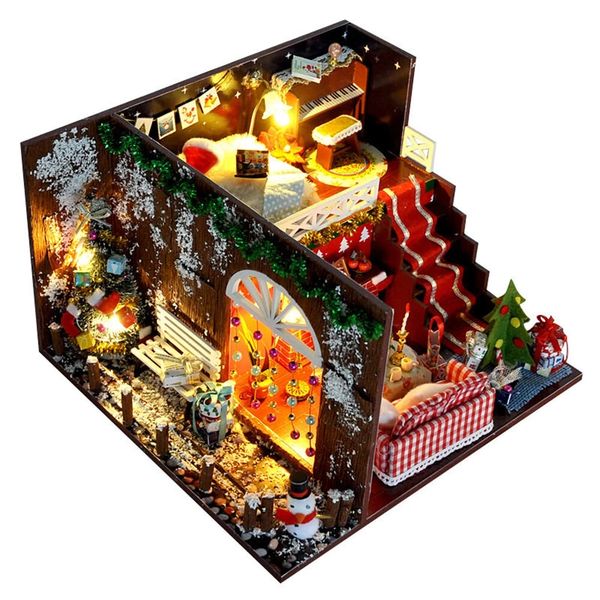 2020 Navidad DIY Miniatura Motor Casa Decoración Muebles Carnaval Noche Muñecas de Madera Decoración de la casa con kits de luz LED Juguetes de regalo para niños