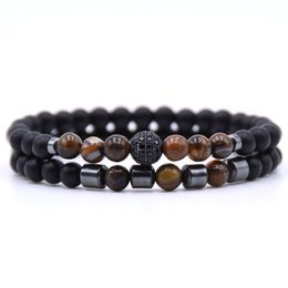 Cool Design Mens 8mm Natural Stone Link Armband Hoge Kwaliteit Zwarte Kralen Stretchy Armbanden 2pcs / Set