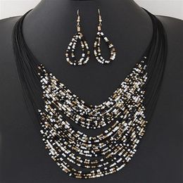 2020 bijoux fantaisie mode Vintage ensembles de bijoux rond bohème multicouche perles colorées déclaration collier boucles d'oreilles Set3002
