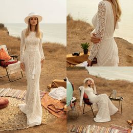 2020 Country Mermaid Trouwjurken Kant Lange Mouwen V Back Sweep Trein Boho Bruidsjurken Custom Made Robe de Mairee