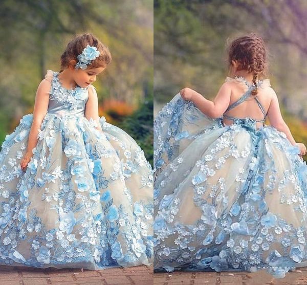 2020 Pays Style Bleu Princesse Handamde Fleurs Petites Filles Pageant Formelle Parti Robes De Bal Appliques Florales Robes De Fille De Fleur AL4321