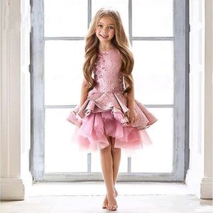 2020 landelijke stijl vintage flowergirl jurken juweel hals mouwloze ruches kant tulle asymmetrische bloem meisje jurken voor bruiloft