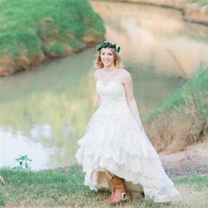 2020 Landwesterse High Low Wedding Jurken Lace Sweetheart Lace Up Tiered Custom Made A Line Plus Size Bridal Jurets264N