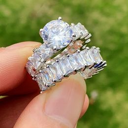2020 Paar Ringen Luxe Sieraden 925 Sterling Zilver Ronde Geslepen Witte Topaas CZ Diamant Edelstenen Stapel Vrouwen Bruiloft Bruids Ring Set Gift