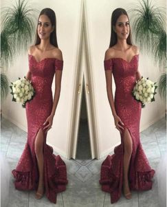 2020 CRANBERRY Sirène des robes de bal sur l'épaule partage frontant la robe de soirée paillette étincelante sexy borgogne de jupes fatiguées TR6558737