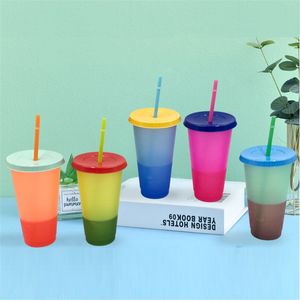 2020 Creatieve Plastic Stro Cup Koffie Tumbler Reizen Koude Cups PP Materiaal Temperatuurgevoelige Kleur Veranderende Cup T9i00641