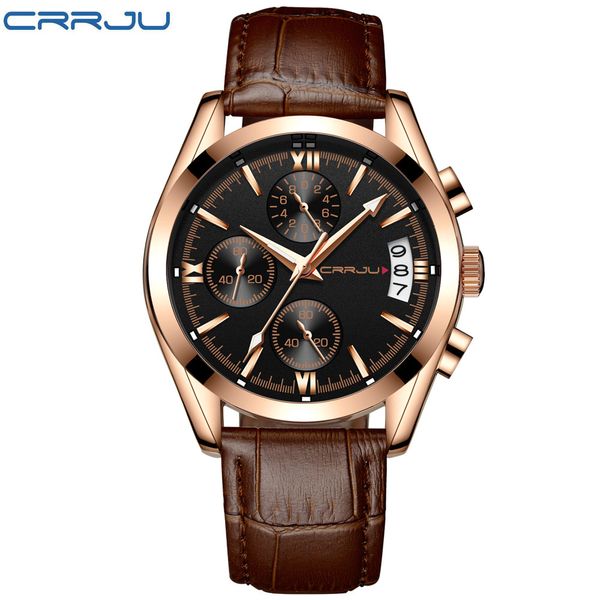 2020 CRRJU hommes montres militaires mâle cadran noir montre à quartz d'affaires bracelet en cuir pour hommes étanche horloge Date multifonction montres pour hommes