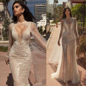 2022 Crystal Design Mermaid Trouwjurken met Wrap Tule Custom Made Illusion Bodice Bruidsjurken Kant Applique Pailletten Bruidsjurken Abiti da SPOSA