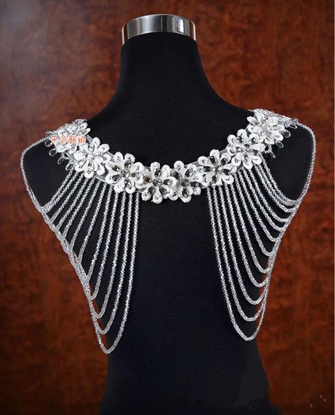 2020 Joyas de diamantes de imitación de cristal Envolturas nupciales Chaqueta de chal de boda de encaje blanco Chaqueta de bolero de lujo Vestido de novia con rebordear225o