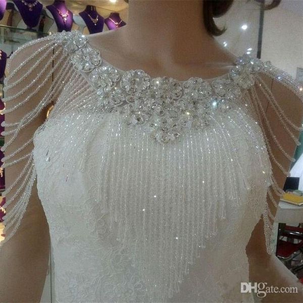 2020 Joyas de diamantes de imitación de cristal Abrigos nupciales Chaqueta de chal de boda de encaje blanco Chaqueta de bolero de lujo Vestido de novia con rebordear239V