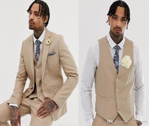 Tuxedos de marié à revers cranté de haute qualité sur mesure, costumes beiges pour hommes, costumes de mariage/bal, Blazer du meilleur homme (veste + pantalon + gilet)