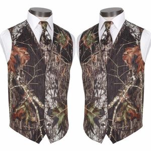 2020 Chalecos de novio de camuflaje modestos hechos a medida Chaleco de boda rústico Hojas de tronco de árbol Camuflaje de primavera Chalecos ajustados para hombres 2 piezas 343b