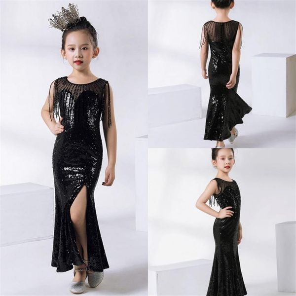 2020 mignon enfants vêtements de cérémonie noir paillettes fleur filles robes pour mariage enfants Pageant robes robe de bal327o