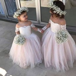 2020 lindo vestido de baile rosa vestidos de flores para niñas con apliques de encaje fuera del hombro vestidos de desfile de niñas tul vestido Formal para niños para boda